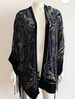 Chico's VELVET KIMONO BLACK, BLUE AND BROWN Fringe SIZE SMALL/MED